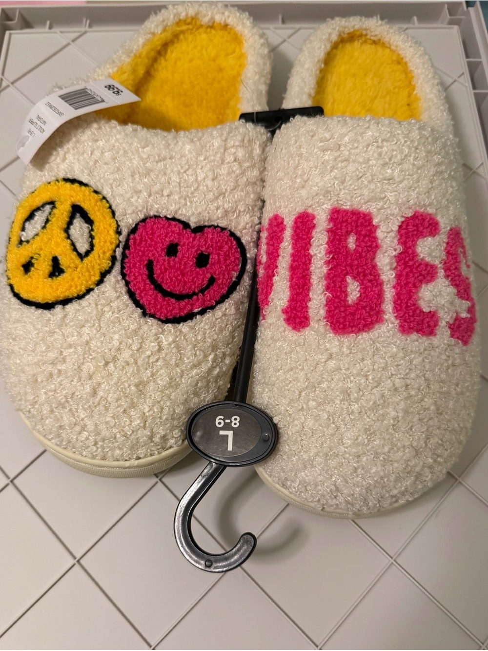 Cozy White 'Vibes' Sherpa Slippers with Yellow & Pink Accents